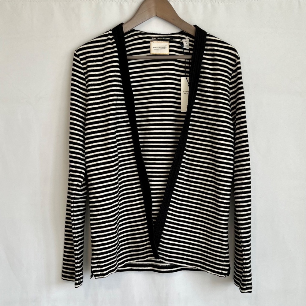 Scotch & Soda Lightweight 100 % Cotton Open Cardigan, Black & White Stripes